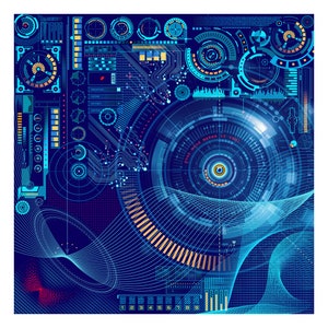 Op de afbeelding: Een digitale illustratie met een complexe opstelling van blauwe en turquoise printplaat elementen, meters en datavisualisaties. Het ontwerp bevat cirkelvormige patronen, lijnen en de tekst "your mind makes it real."