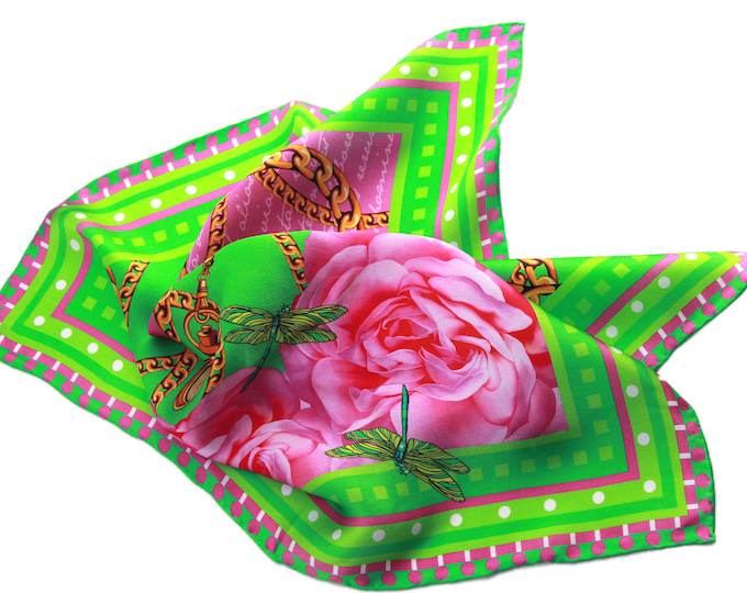 17" Silk Twill Mini Scarf – Pink Green Florals – Hair Bag Accessory