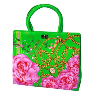Women's green and pink silk handbag, structured tote bag "Desire" - classic vintage style purse