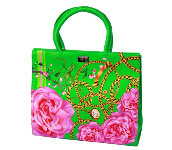 Women s Green and Pink Silk Handbag Structured Tote Bag desire Classic Vintage Style Purse Etsy
