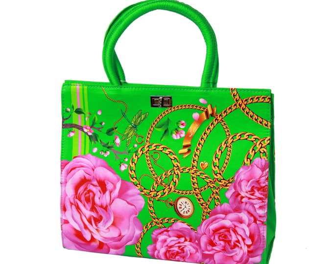 Women's green and pink silk handbag, structured tote bag "Desire" - classic vintage style purse