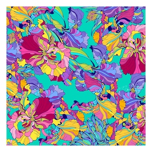 100% silk square scarf floral wrap &quot;Iris&quot; - turquoise, teal printed women&#39;s scarves
