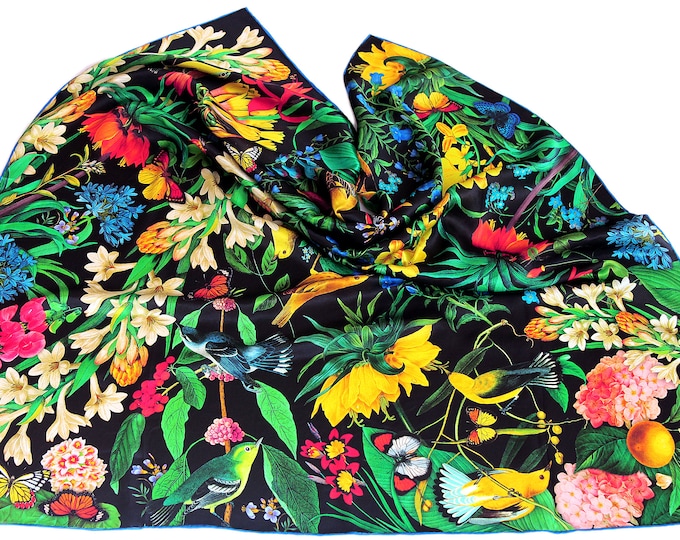 36x36 Pure Silk Scarf, Floral Bird Print, Hand-Rolled Hem (Black Background)