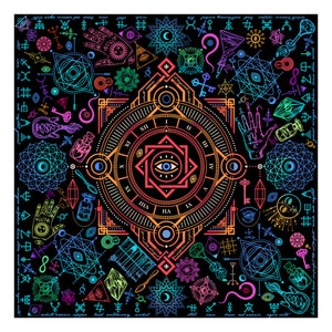 100% silk charmeuse square scarf black wrap &quot;Alchemy&quot; - esoteric clothing, sacred geometry, alchemical symbols scarves