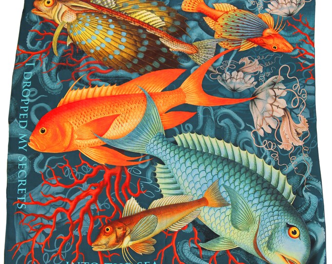 Ocean Coral Reef Silk Twill Scarf with Quote, Meaningful Gift for Her, “Secrets"