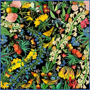100% silk charmeuse designer square scarf wrap &quot;Garden of Eden&quot; black floral printed scarves, hand-rolled edges