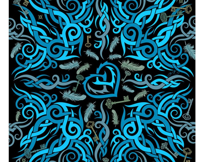 100% silk square scarf black blue wrap "Key To Freedom" - tribal tattoo design