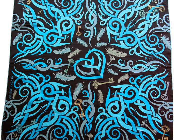 Key & Feather Silk Scarf – Tribal Tattoo Motif, Empowering Gift for Her