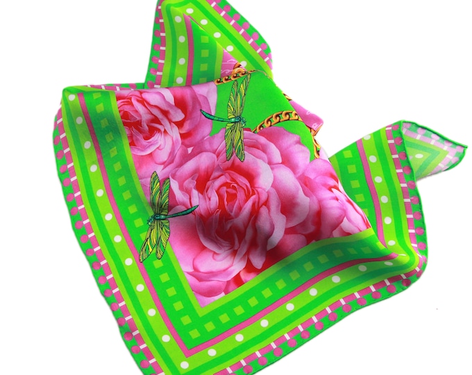 17x17 Mini Square Silk Scarf, Pink Green Floral Neck Kerchief, Luxury Bag Wrap
