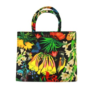 Women&#39;s black floral silk handbag, structured tote bag &quot;Garden&quot; - classy vintage style purse