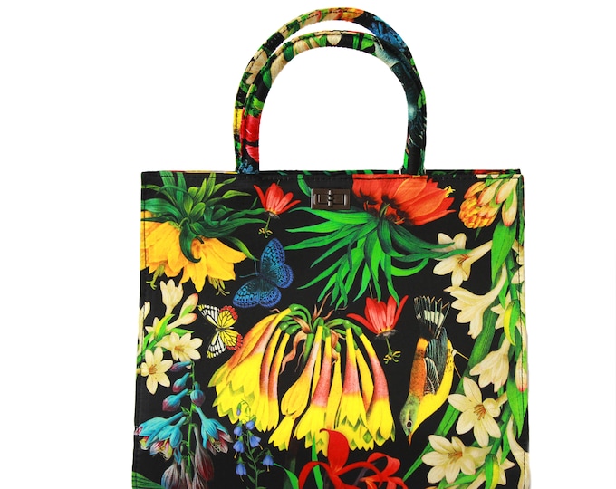 Women's black floral silk handbag, structured tote bag "Garden" - classy vintage style purse