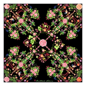 100% silk square scarf floral wrap &quot;Flower Chandeliers&quot; - black Victorian print women&#39;s scarves