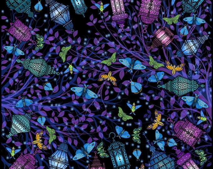 100% silk charmeuse square scarf black blue purple wrap "Lanterns" - butterfly moth scarfs printed women's scarves