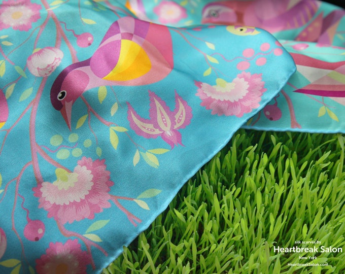 36x36 Luxury Square Silk Scarf featuring Turquoise Tree Blossom and Colorful Birds Print