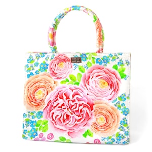 Printed silk tote handbag, white / pink floral &quot;Spring&quot;