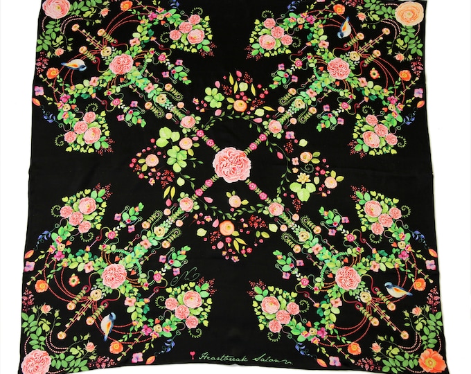Floral Chandelier Luxury Silk Scarf - Black  Floral Elegant Gift for Her