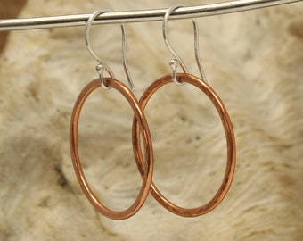 Medium Copper Hoop Earrings with Sterling Silver Ear Wires with Ball Detail.  Hammered Texture.  1 inch diameter.