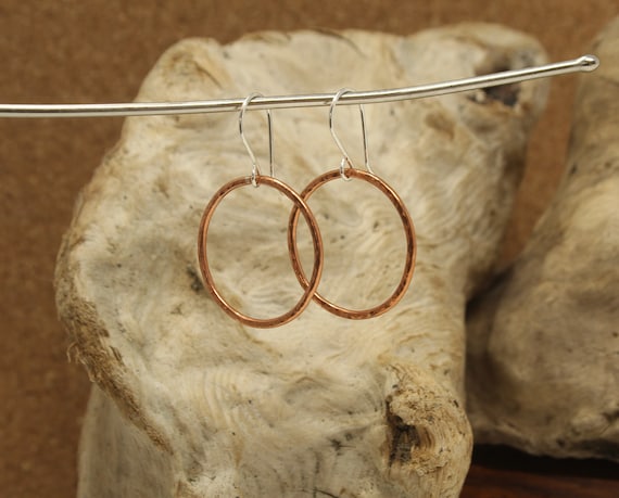 Hammered Copper Hoop Earrings: Sterling Silver Wires, 1 inch