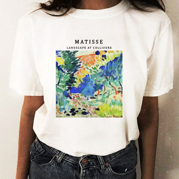 T-shirt femme Matisse Paysage à Collioure peinture, t-shirt art, fille, chemise blanche, haut blanc, artsy, artistique, peinture