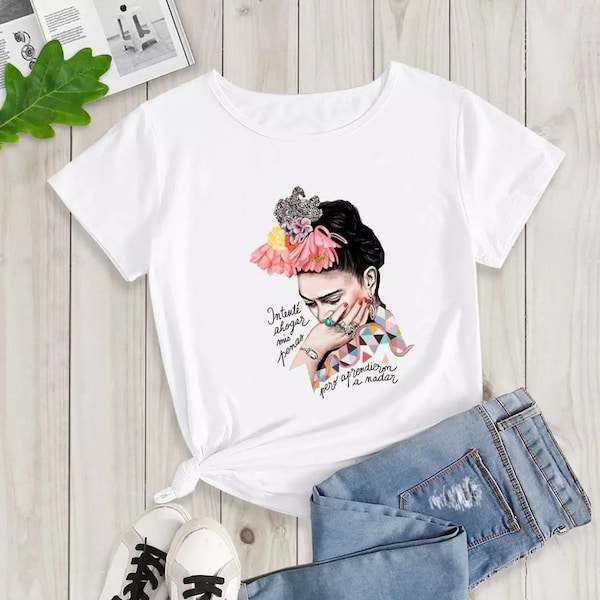 T-shirt da donna Frida Kahlo 2, arte, tshirt, regalo, regalo per lei, ragazza, camicia, maglietta bianca, cotone, top, vestiti da donna
