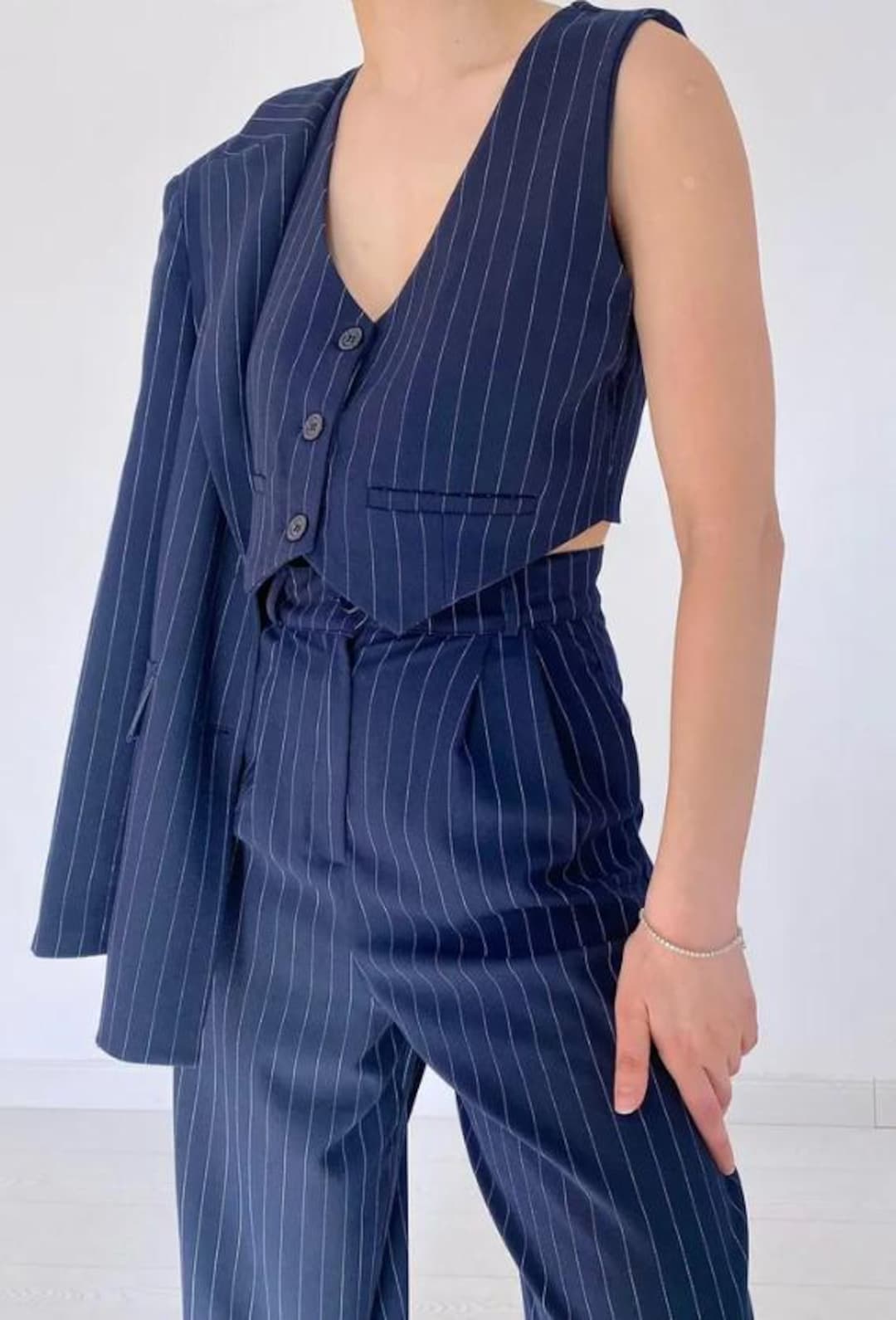 Navy Blue Tone on Tone Vested - Navy Stripe Vested 3 Piece Suit - Pleated Pants A