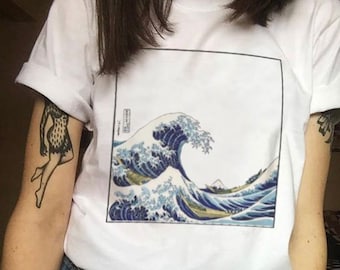 Women’s T-shirt Hokusai The great wave off Kanagawa, white t-shirt, women clothes, sea, cotton, art, painting, girl t-shirt, top, blue