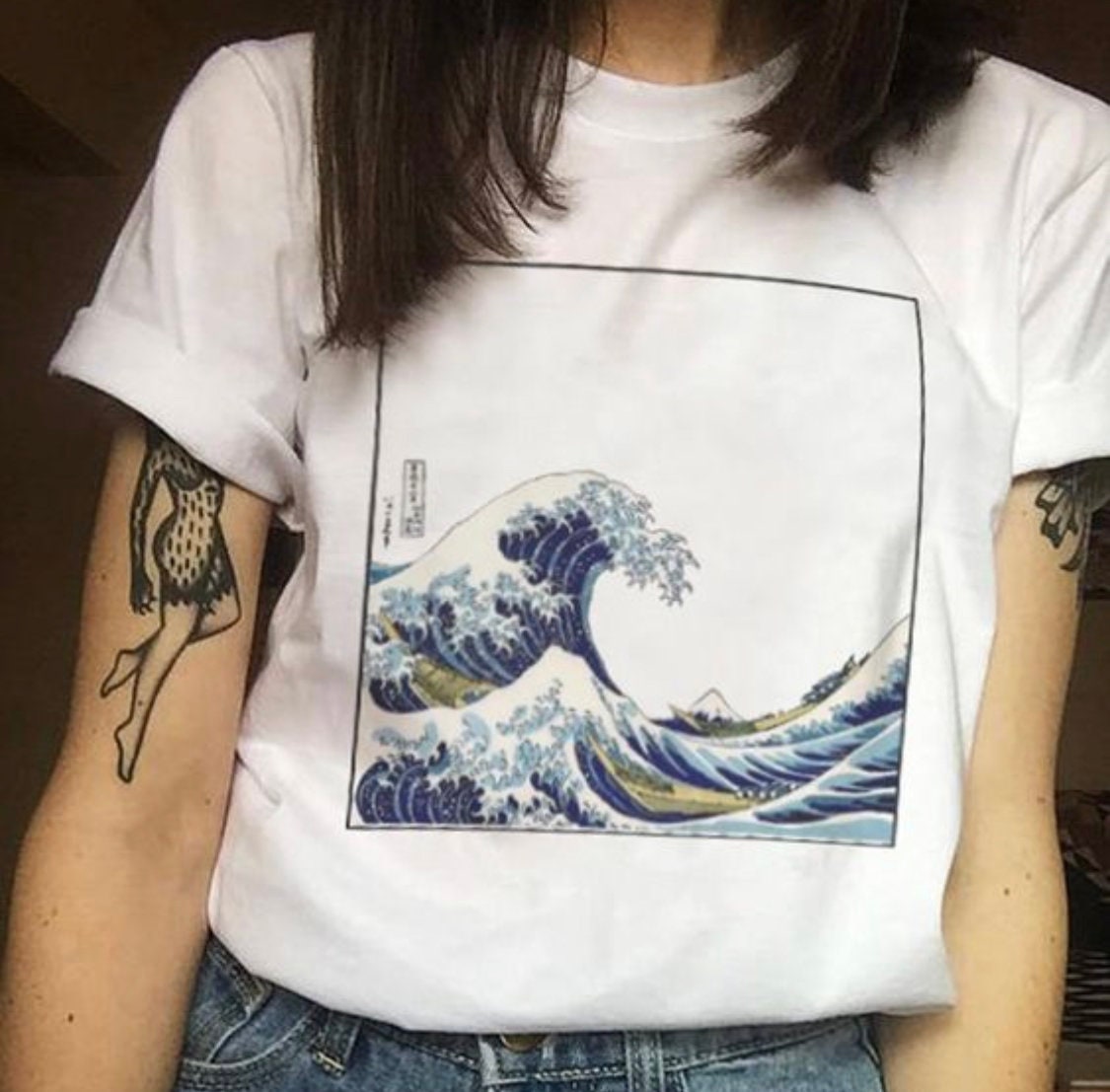 Women’s T-shirt Hokusai The great wave off Kanagawa, white t-shirt, women clothes, sea, cotton, art, painting, girl t-shirt, top, blue