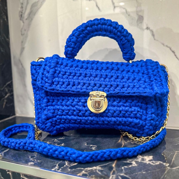 Handmade luxury crochet blue bag, handmade bag, woven bag, luxury bag, modern bag, crochet handbag, blue handbag, evening bag, stylish bag