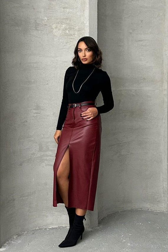 buy burgundy leather skirt