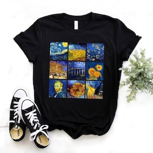 May include: Black t-shirt with a collage of nine famous paintings by Vincent van Gogh. The paintings include "Starry Night", "Sunflowers", and "The Bedroom".