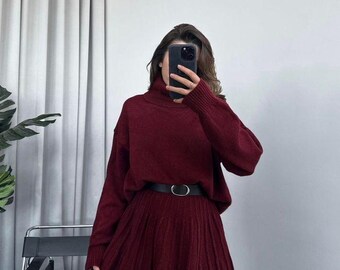 Burgundy Set Skirt and Sweater Two Piece Set Gift for Her