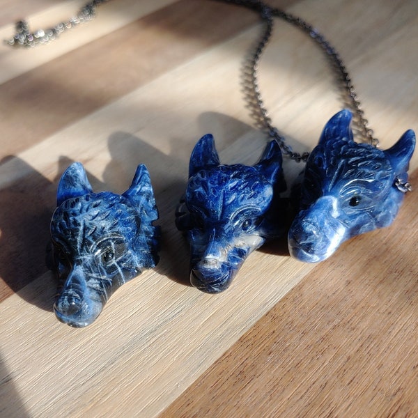 Sodalite Wolf Head Necklace. Blue Crystal Necklace, Gunmetal chain. Coyote Dog Lone Wolf. Carved stone jewelry Moody witchy crystal necklace