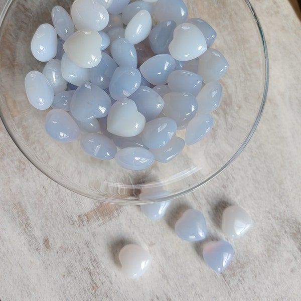Mini Blue Chalcedony Crystal Heart. Crystal confetti! Petite heart stone. Natural blue translucent carved stone. Mini high quality hearts