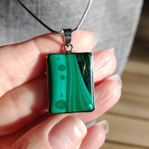 Genuine Malachite Petite Necklace. 18" Silver Snake Chain Rhodium. Demure Dainty Dots Crystal Pendant. Sleek Stylish green stone jewelry.