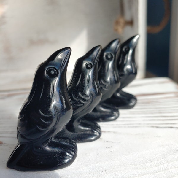 Black Obsidian Raven Crystal. Crow, Corvid, Jay, Bird figurine. Nature Lover totem gemstone gift. Stone Gift for bird nerds, mystics psychic