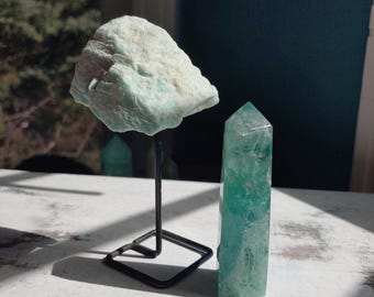 Green Gift set. 2 Crystals. Raw Amazonite on stand. Gemmy green Fluorite 3.25" tower. Apple candy green. Soft amazonite specimen. Beginners