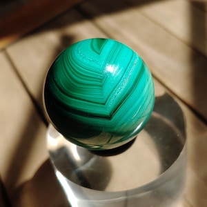 Incredible Malachite sphere. 1.34" Natural botryoidal stone w/stand. Smooth polish, green stripes, almond shape, natural bands. heart chakra