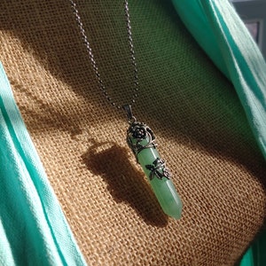Green Aventurine Crystal Wand Necklace on Gunmetal ball chain 24&quot; length. Green shimmer, metal flower pendant. Crystal energy, lucky, nature