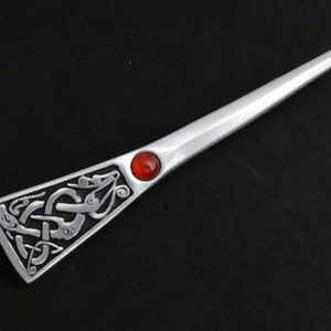 VINTAGE CELTIC St Justin Pewter Cornwall Celtic Dragon Design & Red/Orange Glass Cabochon BROOCH