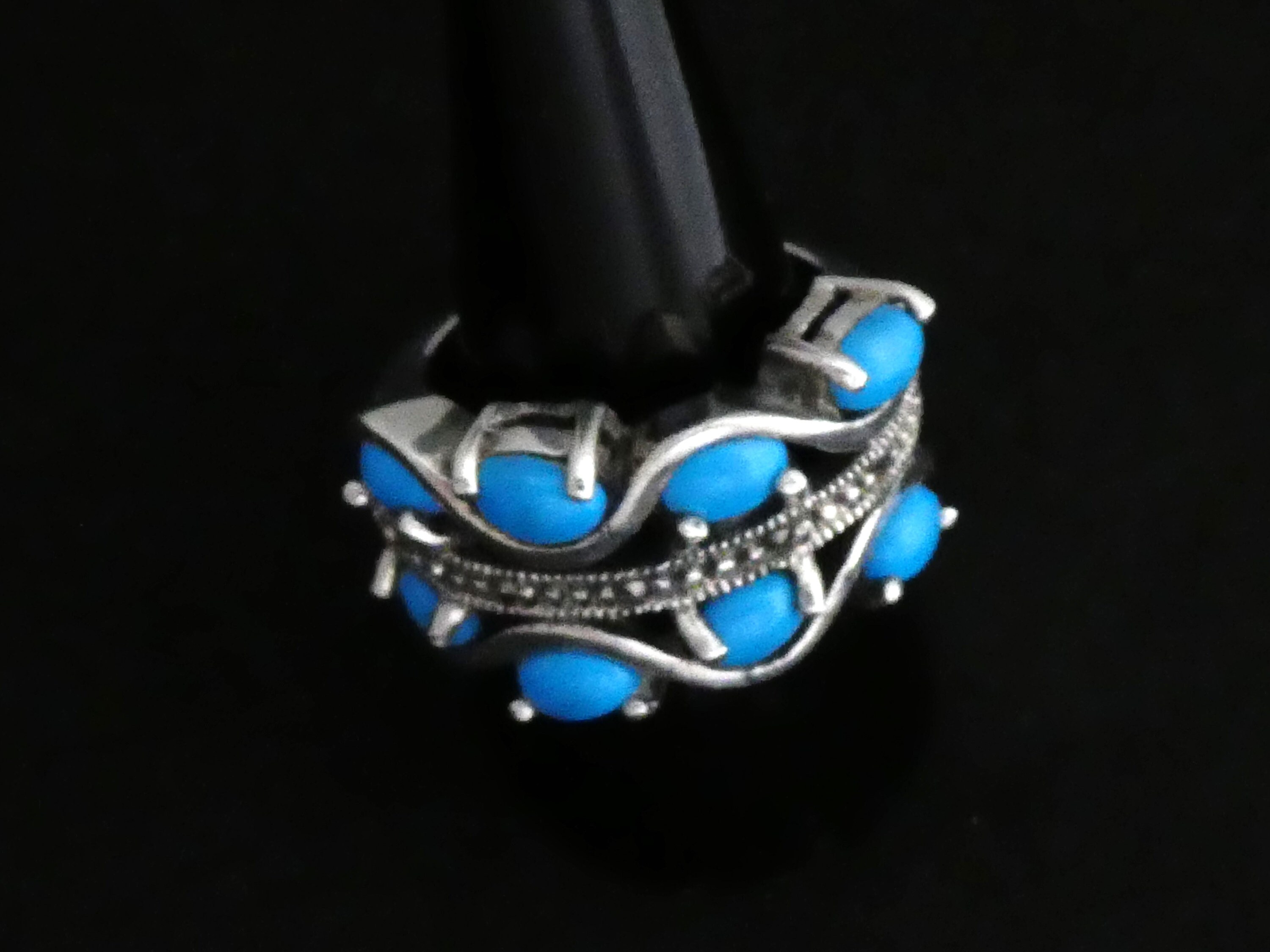 ヴィンテージ 925 シルバー マーカサイト リング ターコイズ付き UK S