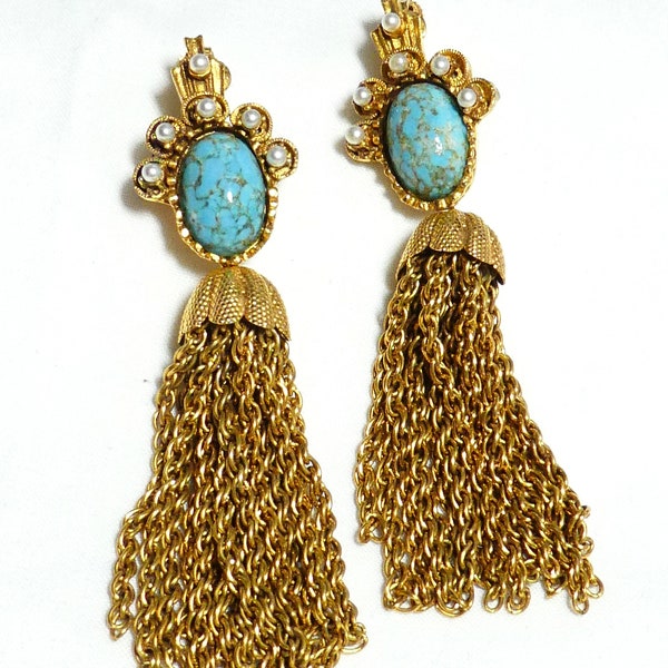 VINTAGE Corocraft Goldtone Faux Pearl/Turquoise Cabochon Chain Tassle Drop Convertible EARRINGS