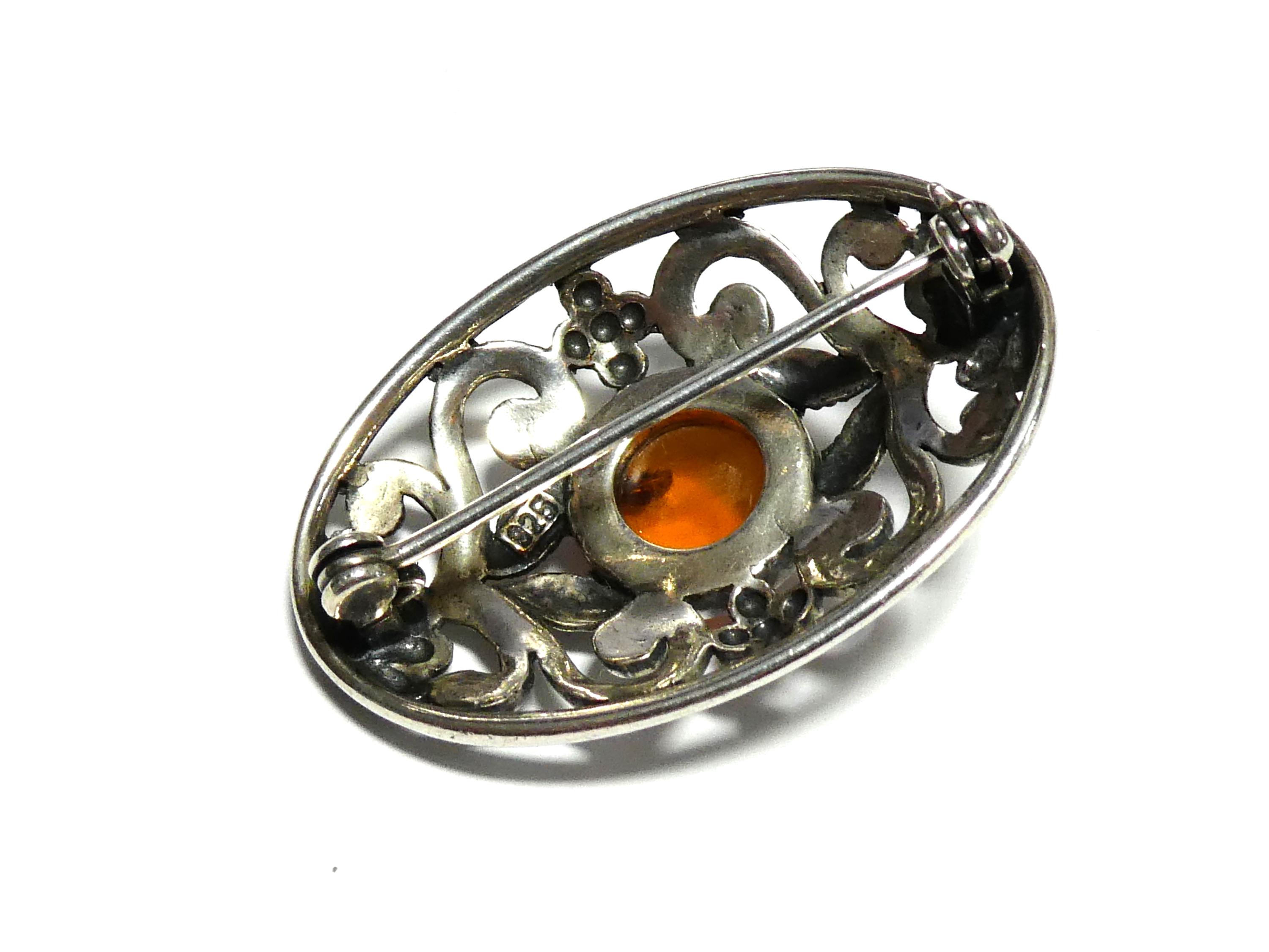 Broche Argent Massif 925 Et Cabochon Ambre Design XXème – Pièce Unique Vintage