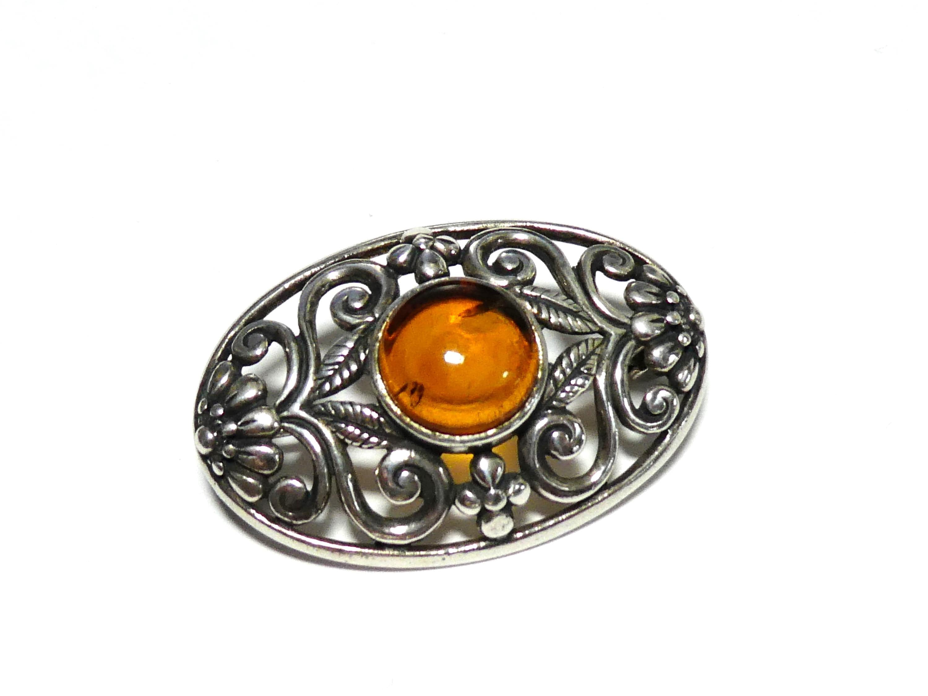 Broche Ancienne En Ambre Et Argent Massif - Motif Floral, Poinçon, Bon état Occasion