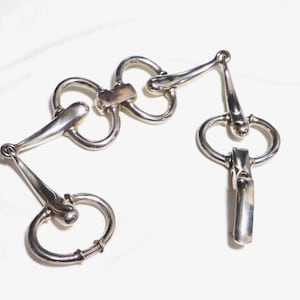 May include: A silver-toned metal horse bit accessory featuring a series of interconnected circular rings and elongated bars. The polished metallic surface reflects light, showcasing a smooth, curved design with a hinged clasp mechanism.