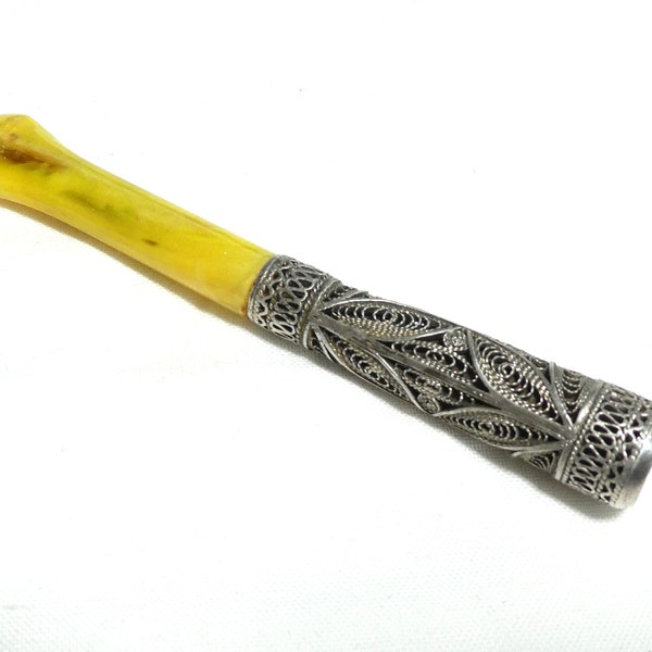 VINTAGE White Metal Silver Intricate Filigree Cigarette Cheroot Holder - Yellow Mouth Piece