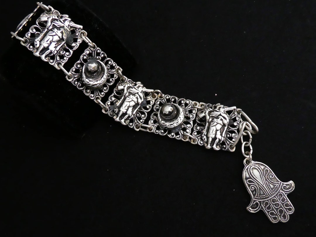 Vintage Souvenir De Maroc Silvertone Bracelet: Hamsa Hand & Moon