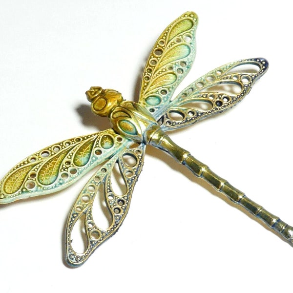 STUNNING Artisan Large Brass Metal Green Blue Turquoise Enamel Ornate Dragonfly Mayfly Bug BROOCH