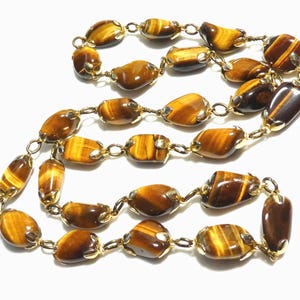 VINTAGE Goldtone Link Golden Brown Polished Tigers Eye Stone NECKLACE