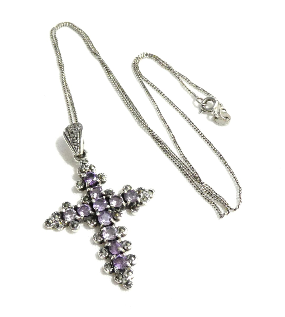 Pendentif Croix Ancien En Argent Massif Avec Marcassites Et Améthystes - Bijou Religieux Vintage