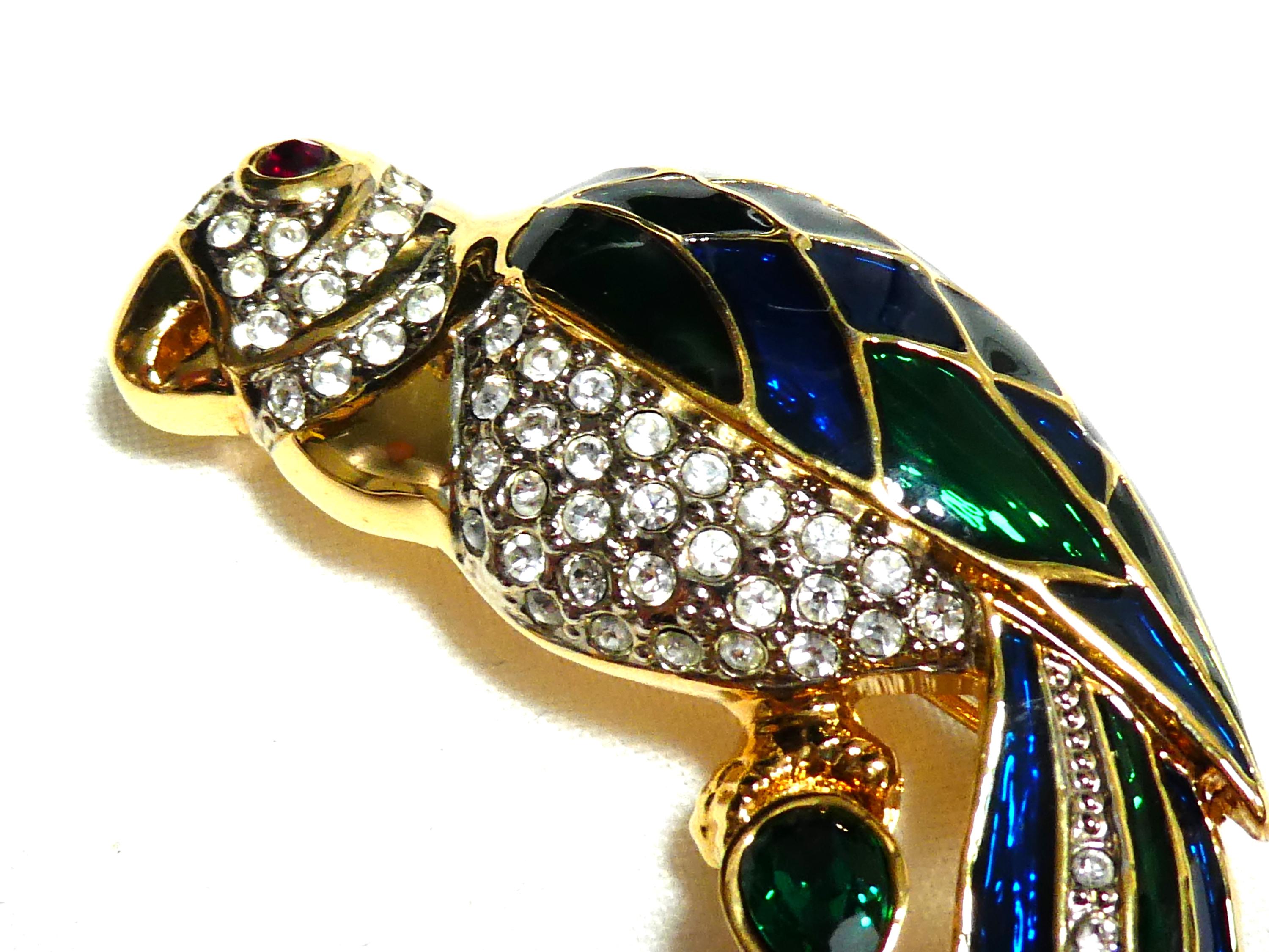 Broche Vintage Perroquet Or - Émail, Cristaux, Cabochon Vert - Modèle 566